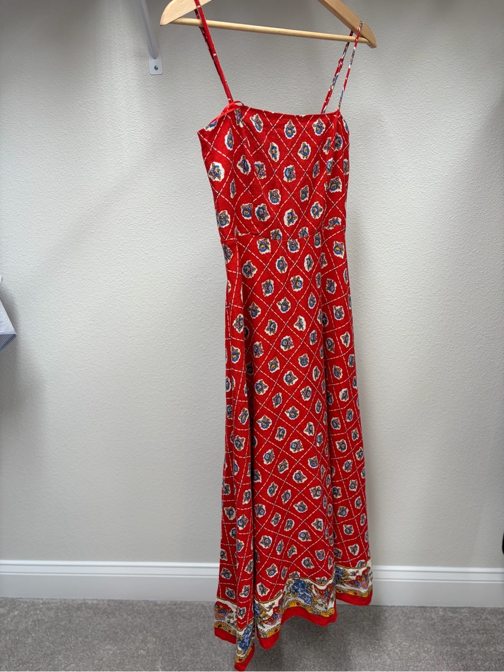 Wayf Red Printed Spaghetti-Strap Maxi Dress - small callout tag off